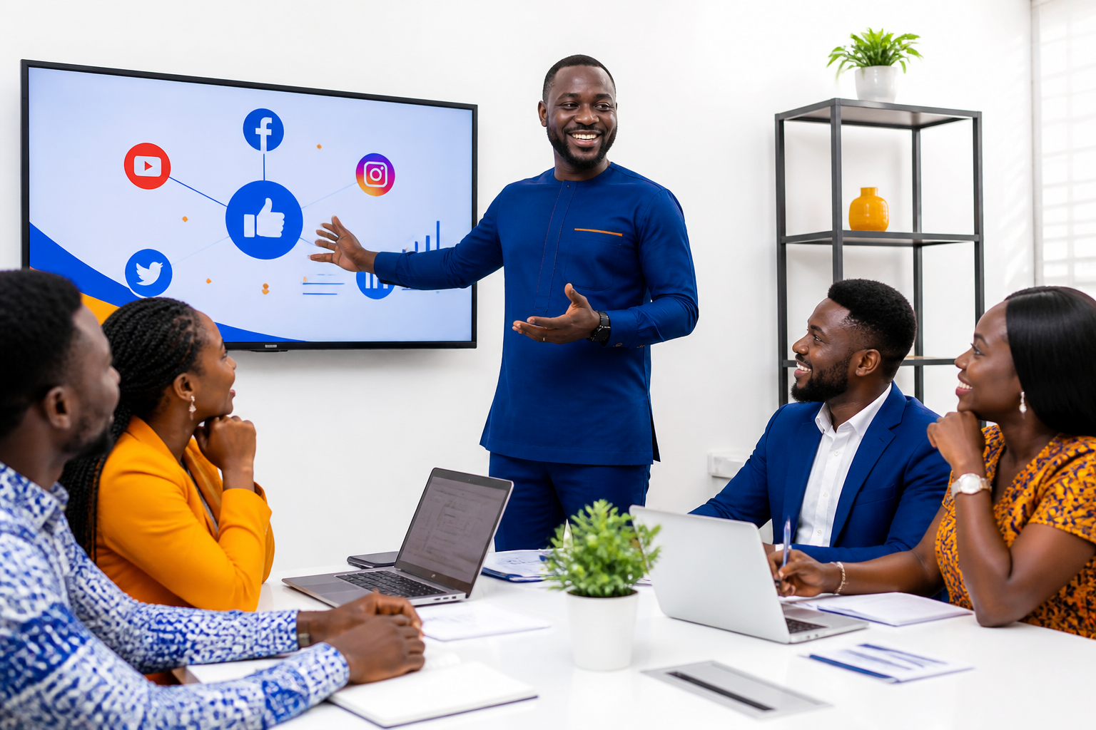 A group of professionals in Ghana brainstorming social media marketing strategies